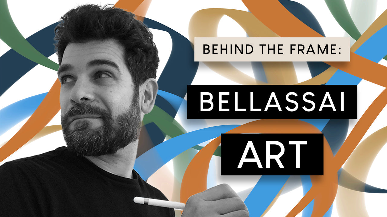 Portrait of digital artist Cesare Bellassai holding a stylus, set against an abstract background of interwoven colorful ribbons. Text overlay reads “Behind the Frame: Bellassai Art.