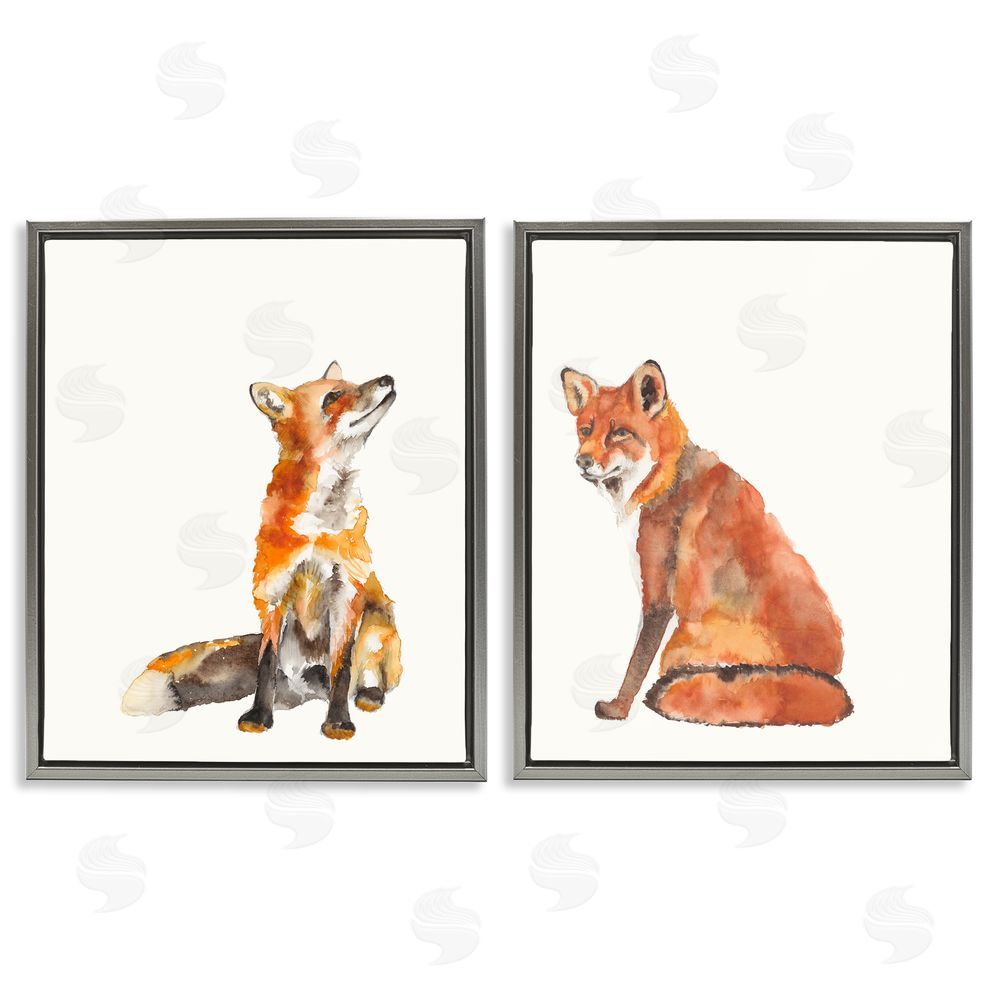 Jennifer Goldberger Curious Fox Watercolor Paintings Gray Floating Frame Canvas Wall Art Print