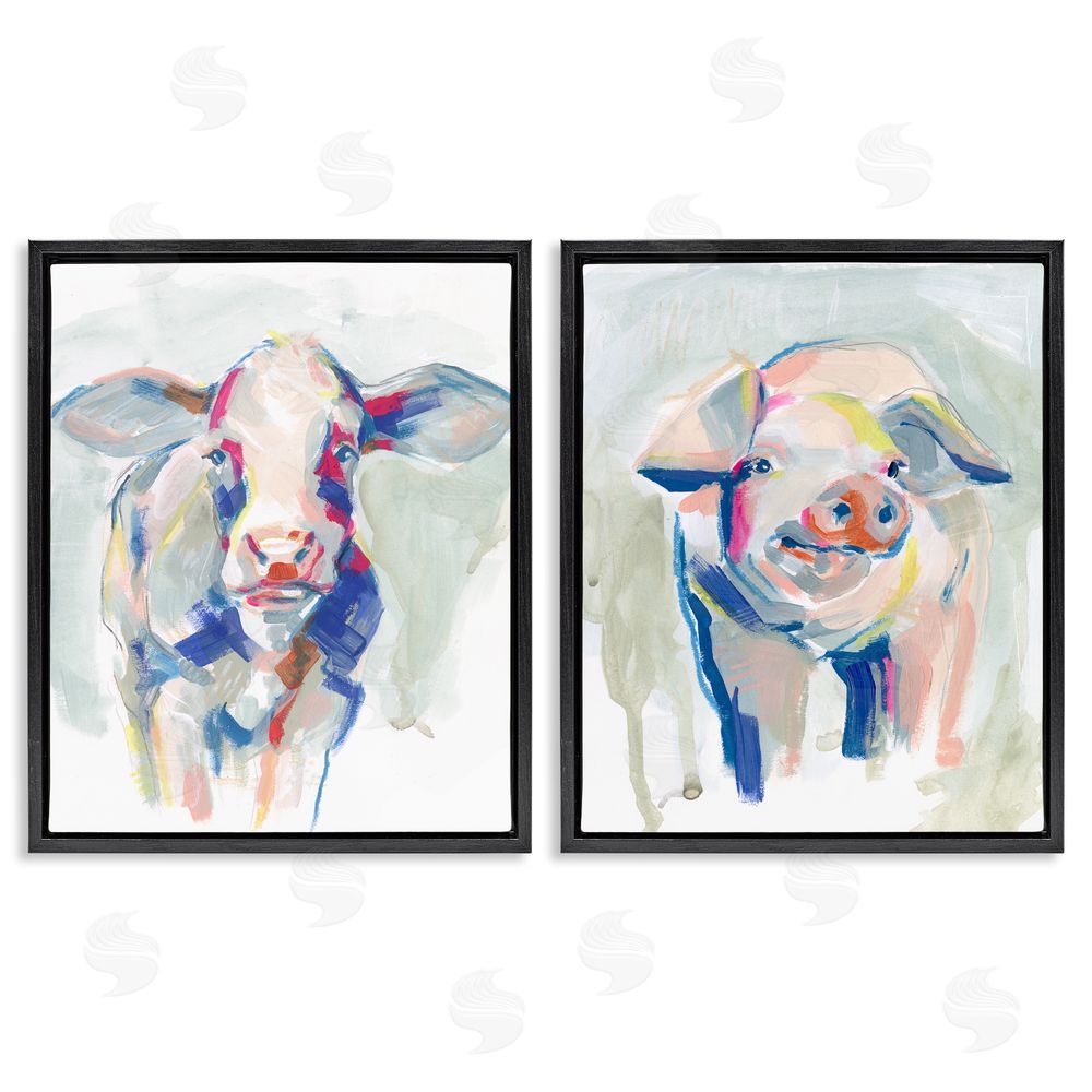 Jennifer Paxton Parker Colorful Cow & Pig Farm Animals Black Floating Frame Canvas Wall Art Print