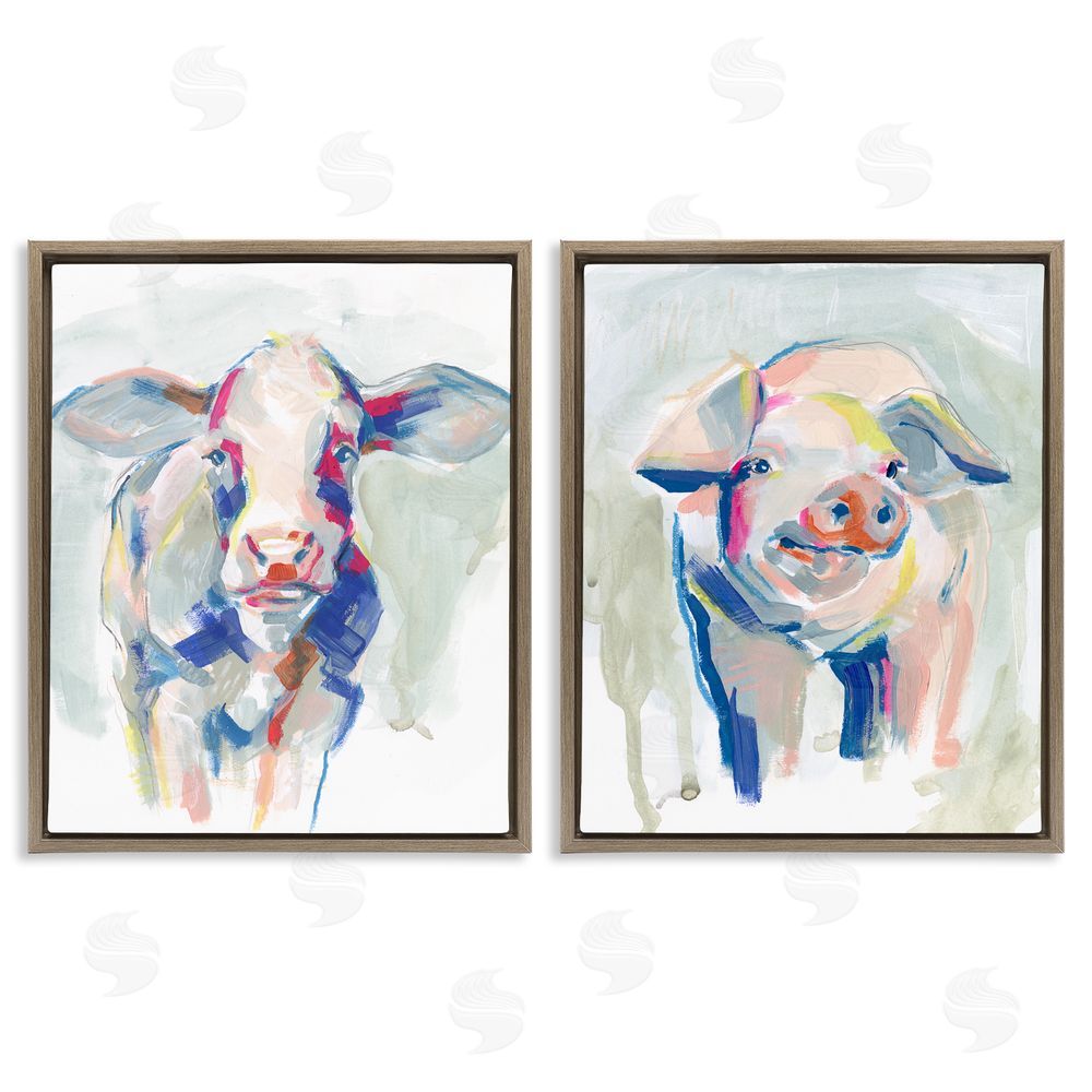 Jennifer Paxton Parker Colorful Cow & Pig Farm Animals Brown Floating Frame Canvas Wall Art Print
