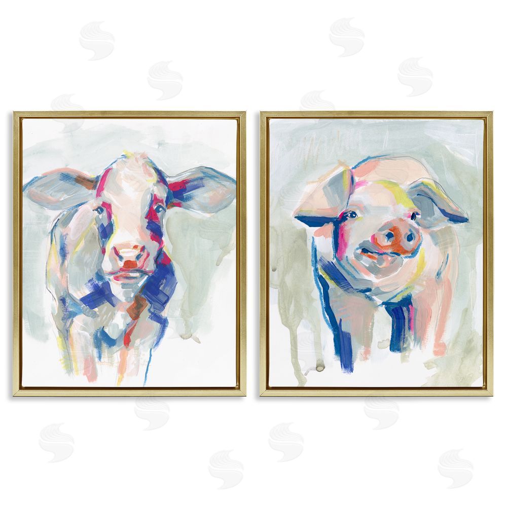 Jennifer Paxton Parker Colorful Cow & Pig Farm Animals Gold Floating Frame Canvas Wall Art Print