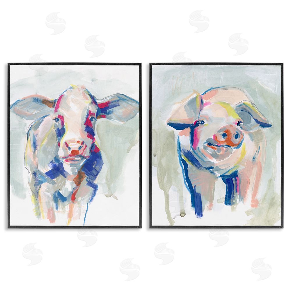 Jennifer Paxton Parker Colorful Cow & Pig Farm Animals Black Framed Giclee Wall Art Print