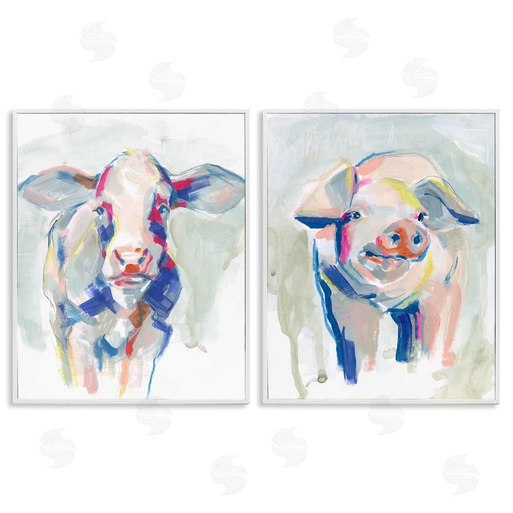 Jennifer Paxton Parker Colorful Cow & Pig Farm Animals White Framed Giclee Wall Art Print