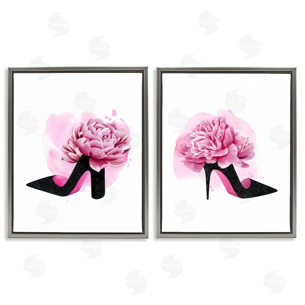 Grace Popp Flower Heel Pink Black Glam Fashion Gray Floating Frame Canvas Wall Art Print
