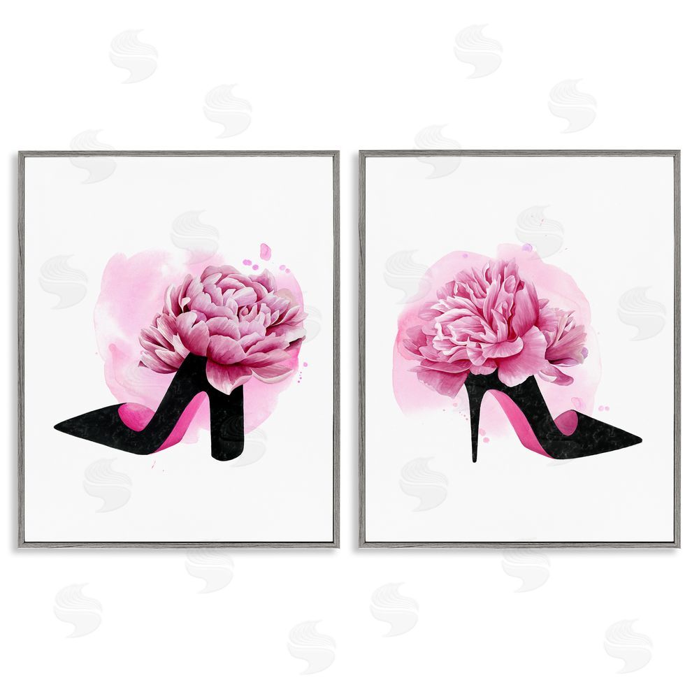 Grace Popp Flower Heel Pink Black Glam Fashion Gray Framed Giclee Wall Art Print