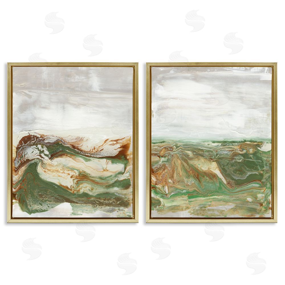 Lila Bramma Abstract Paint Fluid Green Brown Design Gold Floating Frame Canvas Wall Art Print