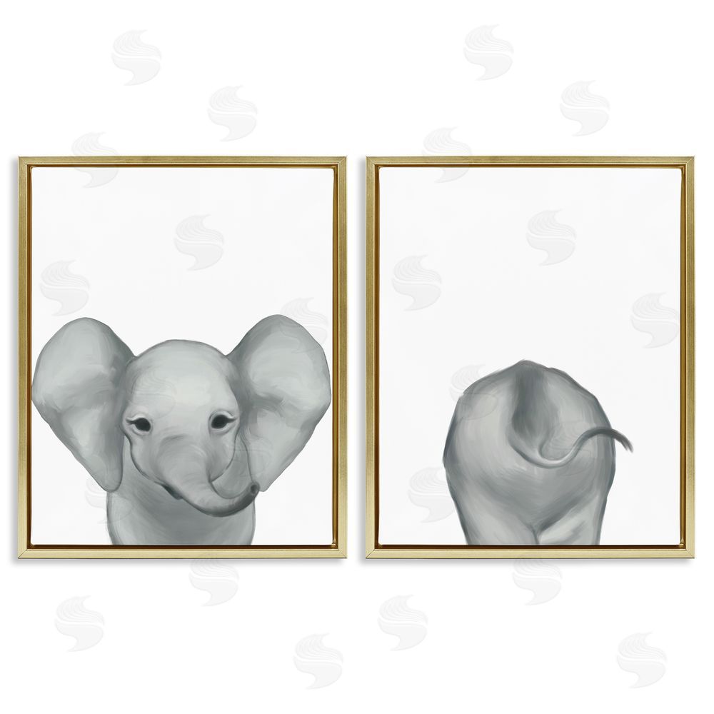 Ziwei Li Baby Elephant Front and Behind Gold Floating Frame Canvas Wall Art Print