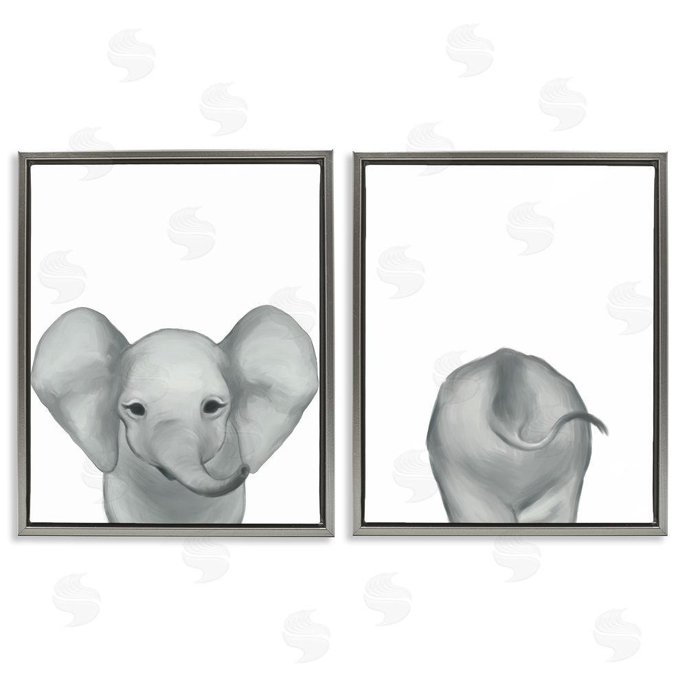Ziwei Li Baby Elephant Front and Behind Gray Floating Frame Canvas Wall Art Print