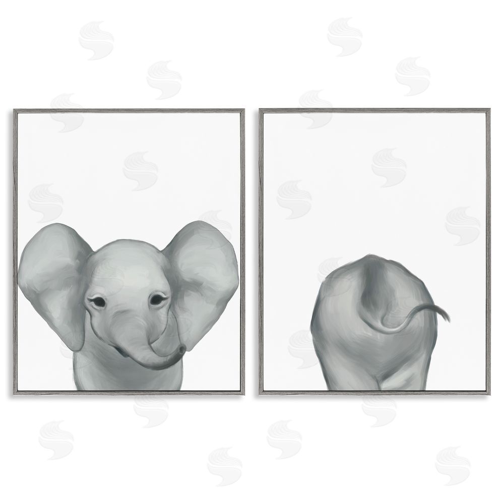 Ziwei Li Baby Elephant Front and Behind Gray Framed Giclee Wall Art Print