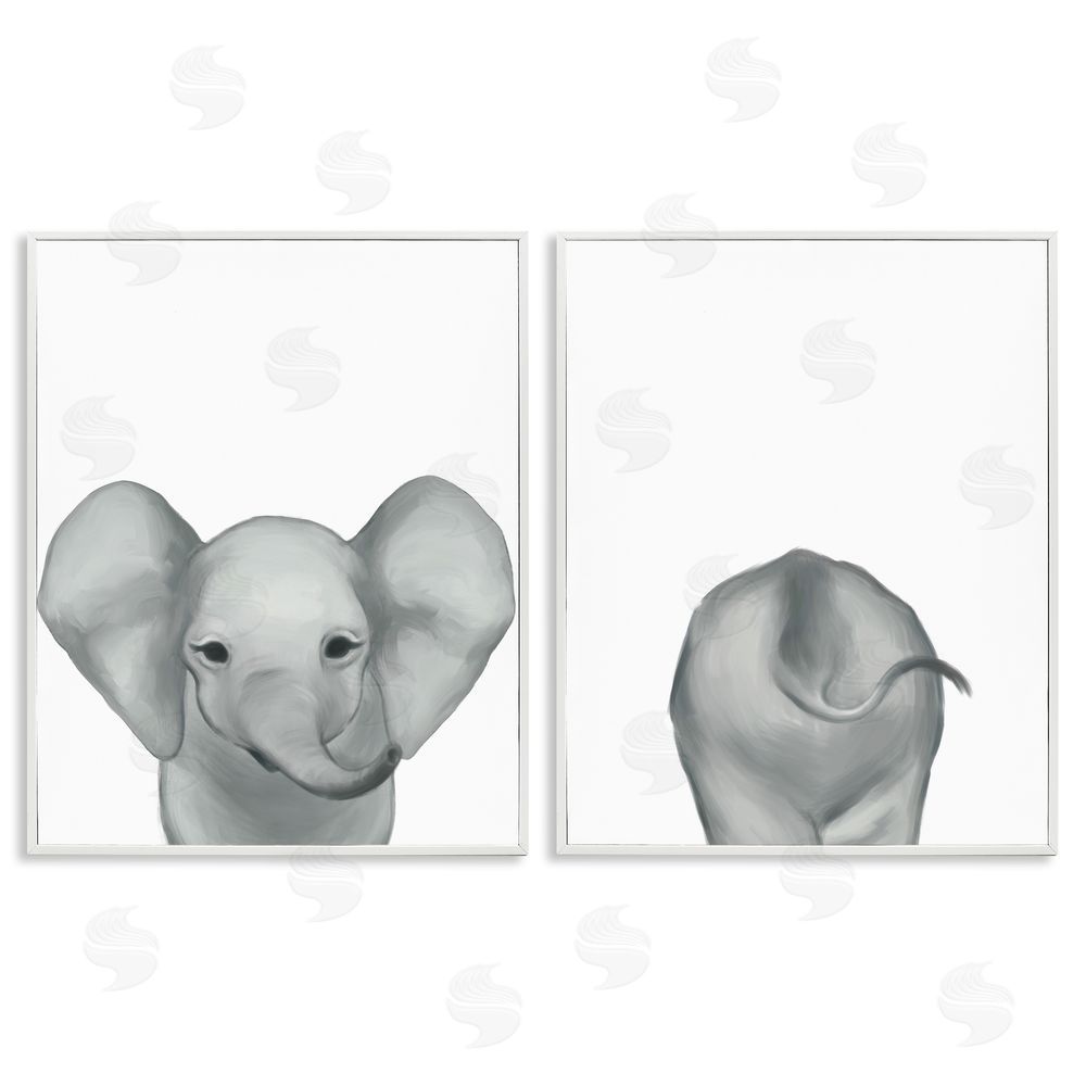 Ziwei Li Baby Elephant Front and Behind White Framed Giclee Wall Art Print