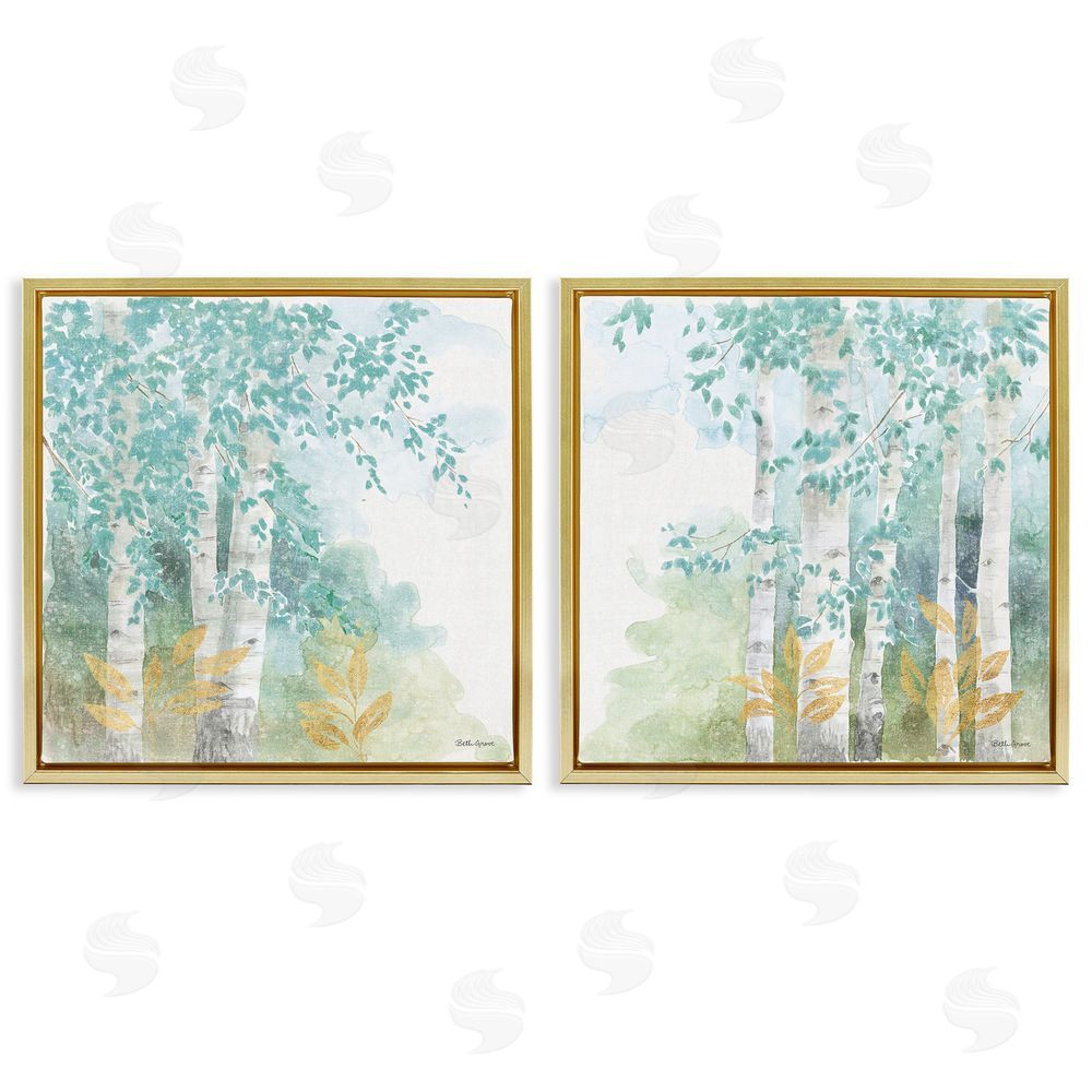 Beth Grove Birch Tree Forest Tranquil Watercolor Gold Floating Frame Canvas Wall Art Print