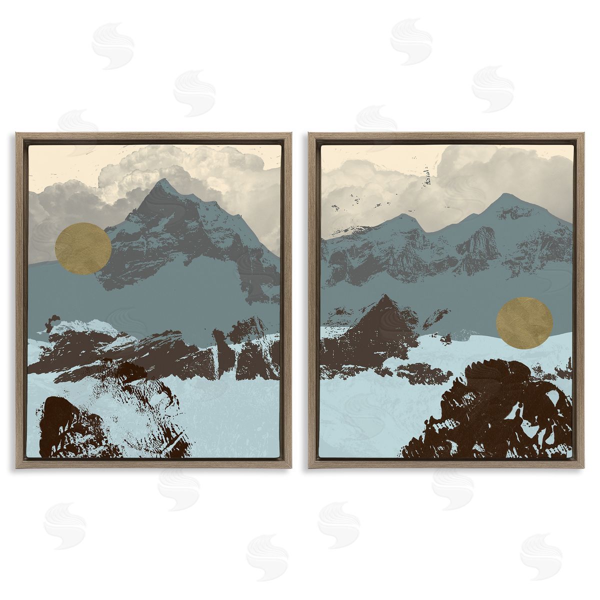 Mountain Range over Abstract Brown Floating Frame Canvas Wall Art, Home Decor by Jacob Green