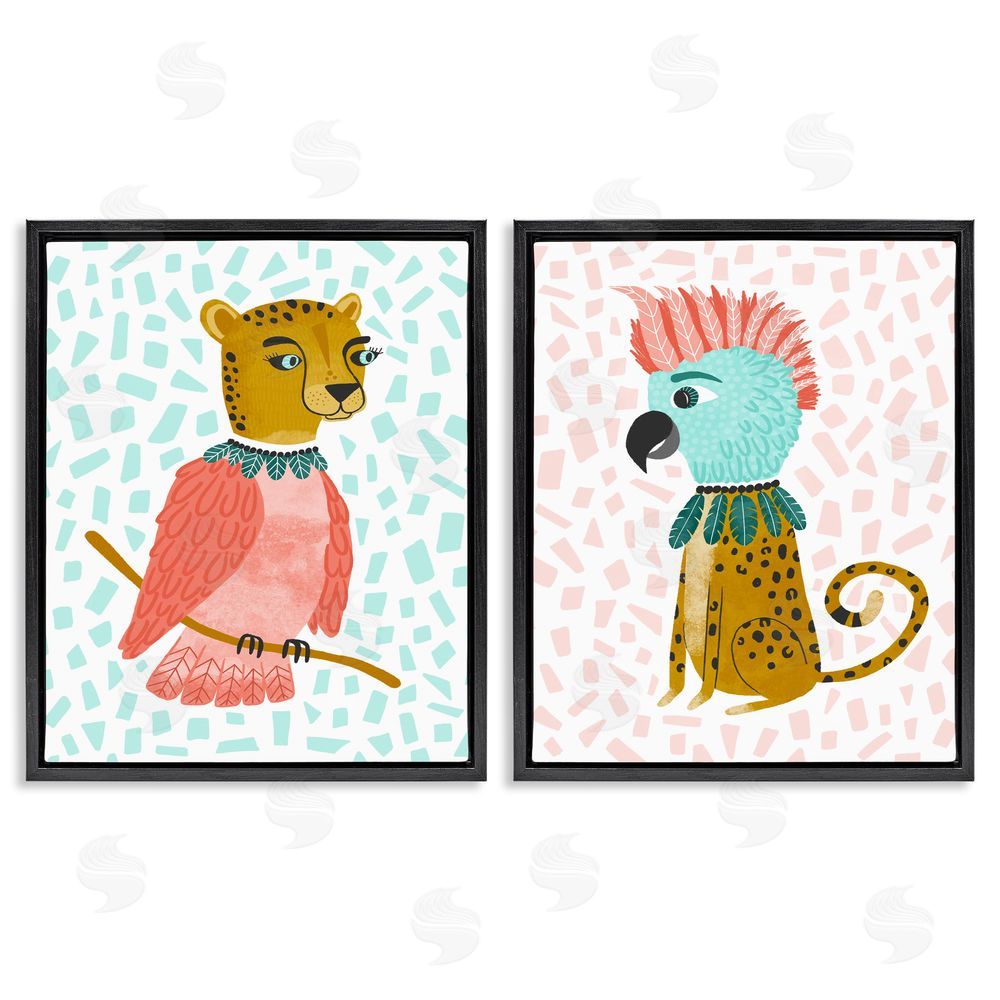 Molly Fabiano Cheetah Bird Playful Animal Mix Up Black Floating Frame Canvas Wall Art Print