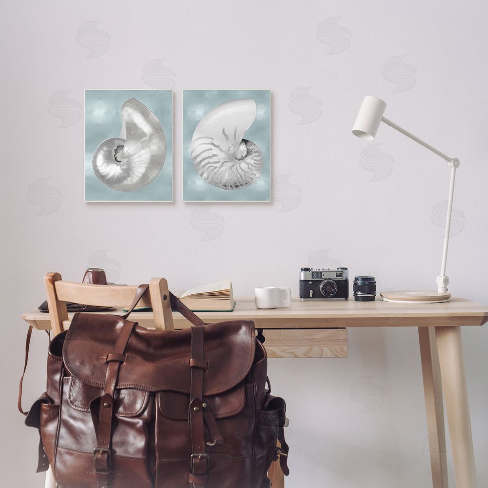 Caroline Kelly Minimal Nautilus Shell Silver Glam Canvas Wall Art Print in Room