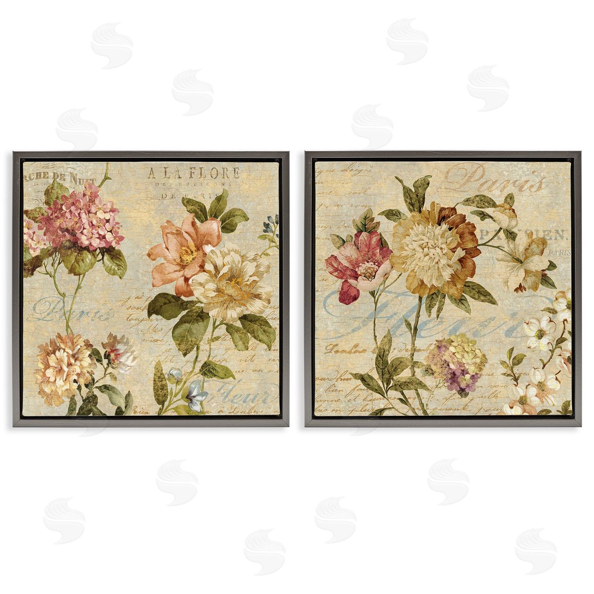 Vintage French Floral with Script Grey Floating Frame Canvas Wall Art, Home Decor by Deborah Devellier