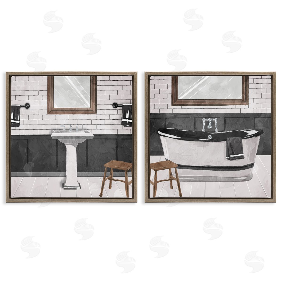 Modern Country Bathroom Interior Brown Floating Frame Canvas Wall Art, Home Decor by Milli Villa