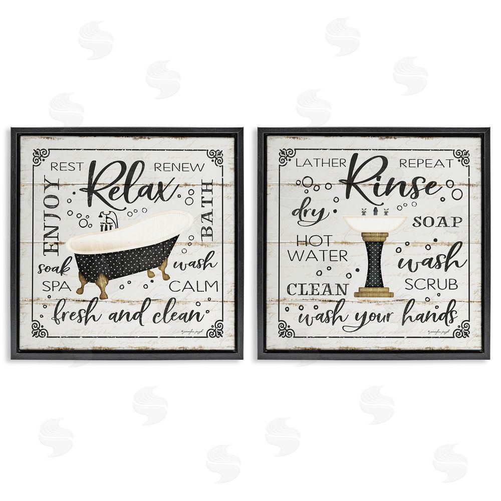 Jennifer Pugh Chic Bathroom Bath and Sink Cleanliness Phrases Black Floating Frame Canvas Wall Art Print