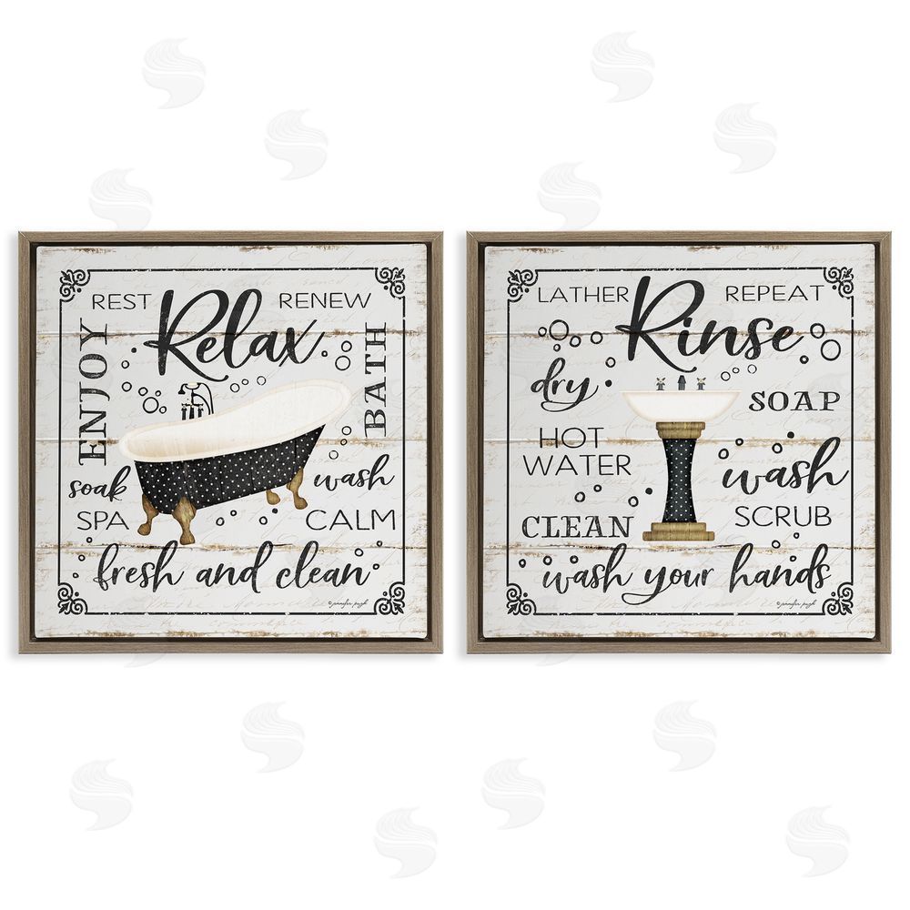 Jennifer Pugh Chic Bathroom Bath and Sink Cleanliness Phrases Brown Floating Frame Canvas Wall Art Print