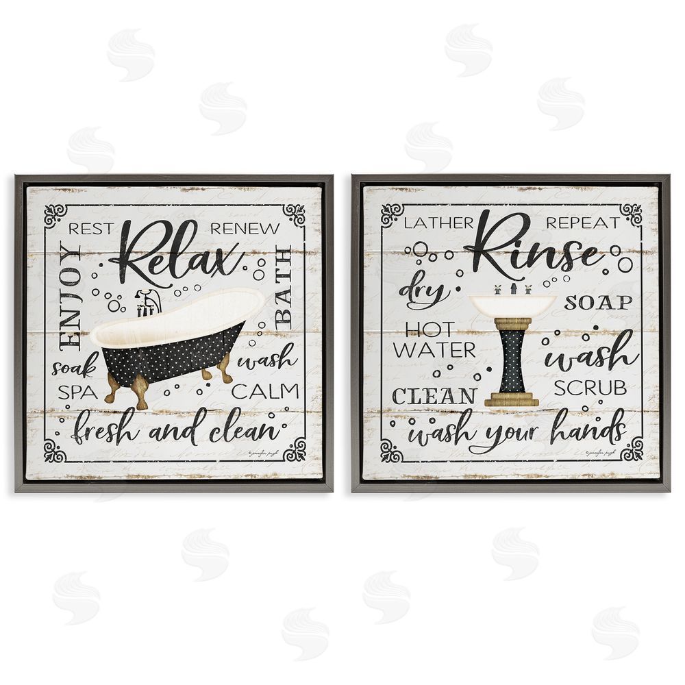 Jennifer Pugh Chic Bathroom Bath and Sink Cleanliness Phrases Gray Floating Frame Canvas Wall Art Print