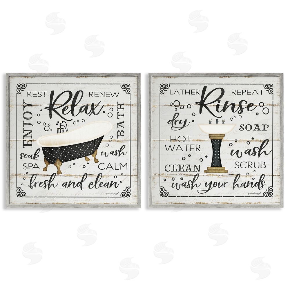 Jennifer Pugh Chic Bathroom Bath and Sink Cleanliness Phrases Gray Framed Giclee Wall Art Print