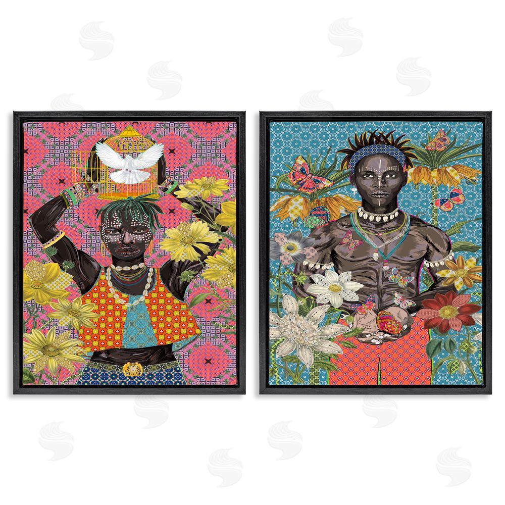 Sangita Bachelet Male Figures with Florals & Geometric Patterns Black Floating Frame Canvas Wall Art Print
