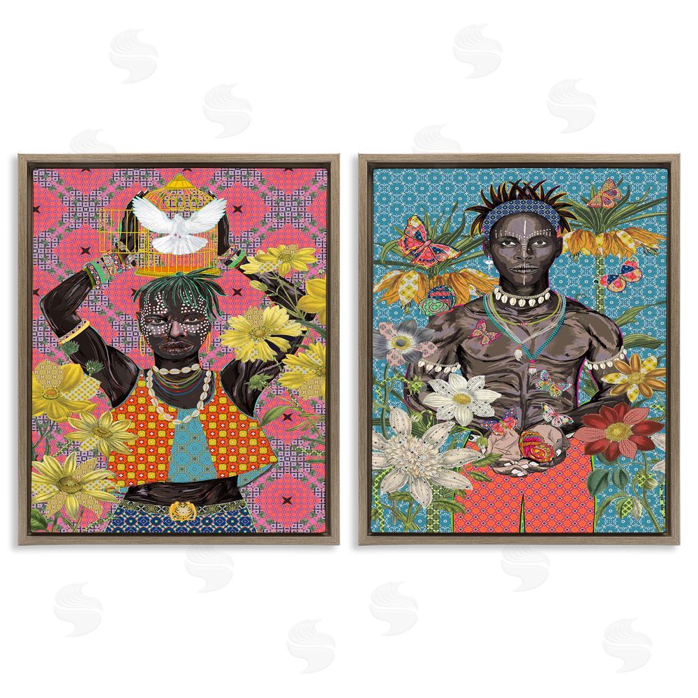 Sangita Bachelet Male Figures with Florals & Geometric Patterns Brown Floating Frame Canvas Wall Art Print
