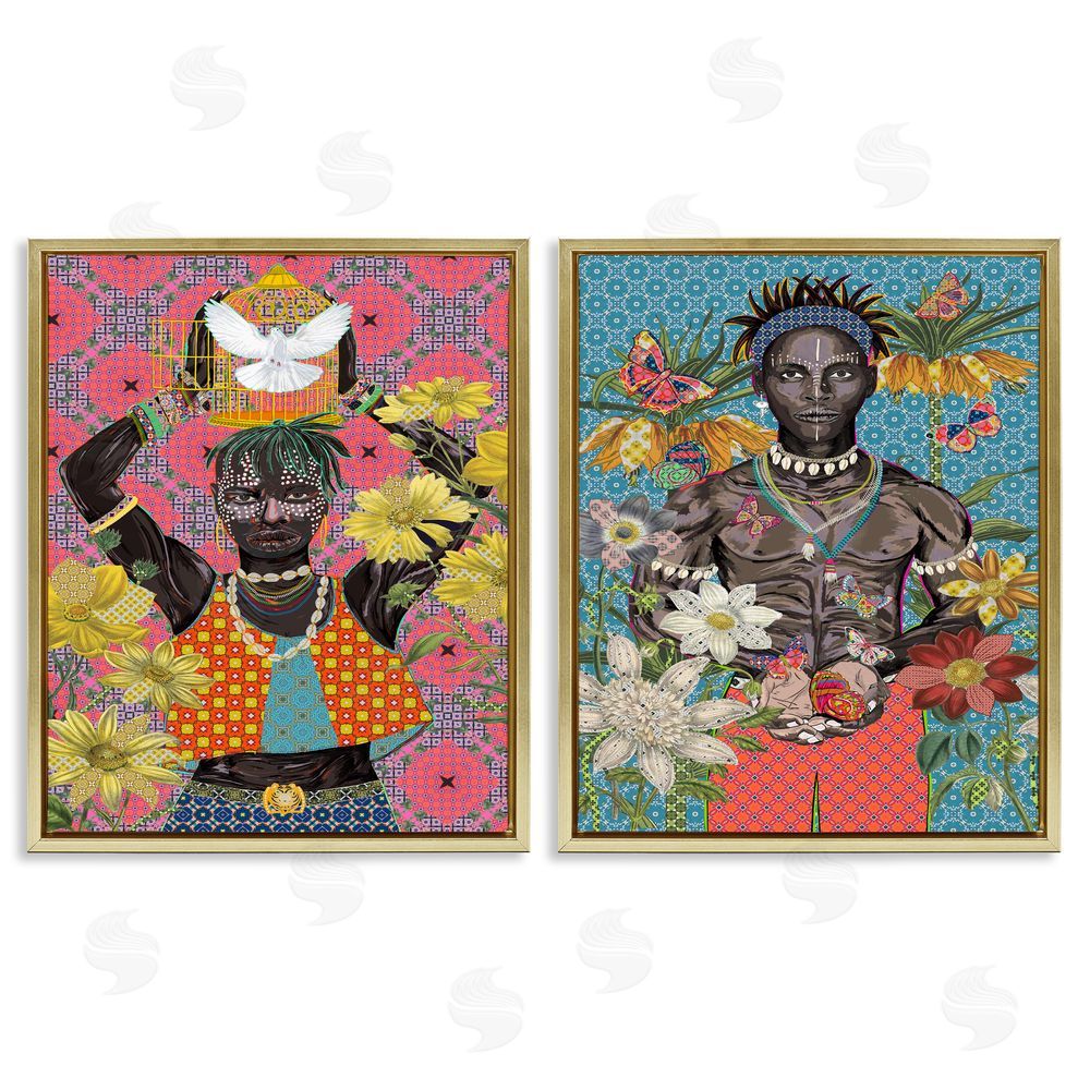 Sangita Bachelet Male Figures with Florals & Geometric Patterns Gold Floating Frame Canvas Wall Art Print