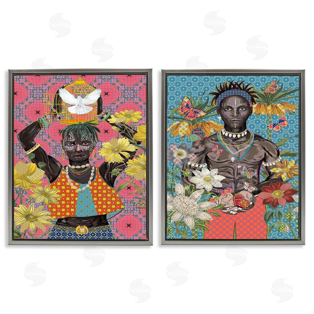 Sangita Bachelet Male Figures with Florals & Geometric Patterns Gray Floating Frame Canvas Wall Art Print