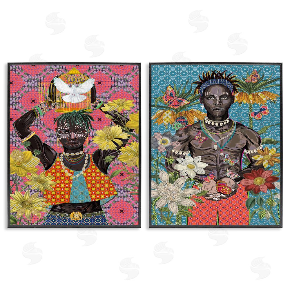Sangita Bachelet Male Figures with Florals & Geometric Patterns Black Framed Giclee Wall Art Print