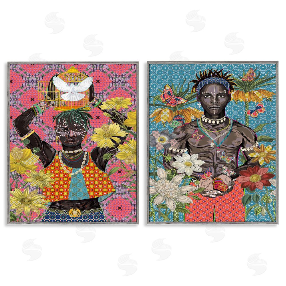 Sangita Bachelet Male Figures with Florals & Geometric Patterns Gray Framed Giclee Wall Art Print