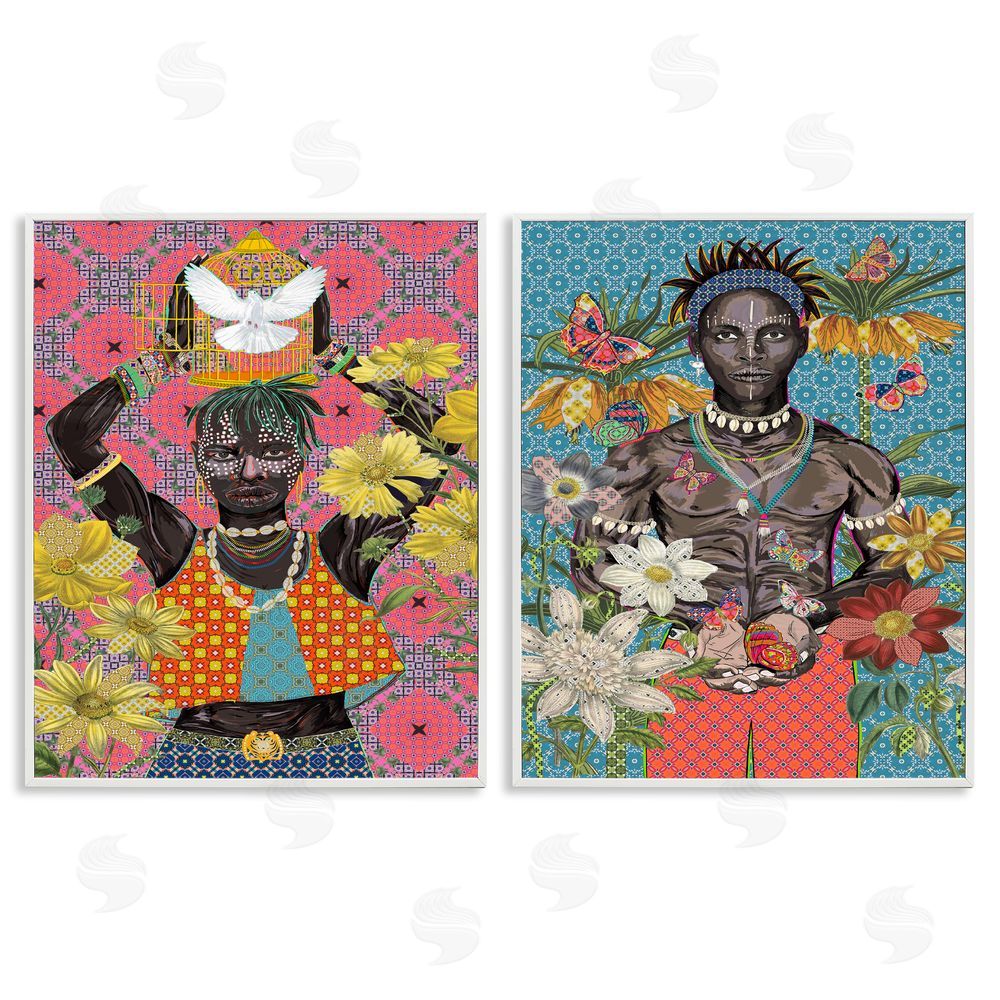 Sangita Bachelet Male Figures with Florals & Geometric Patterns White Framed Giclee Wall Art Print