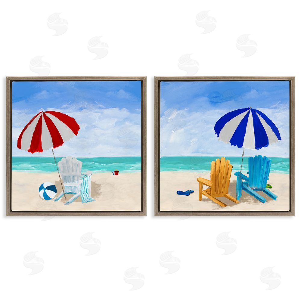 Julie DeRice Beach Chairs at Shore Summer Scene Brown Floating Frame Canvas Wall Art Print