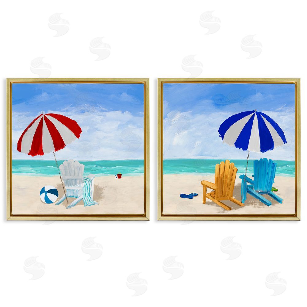 Julie DeRice Beach Chairs at Shore Summer Scene Gold Floating Frame Canvas Wall Art Print