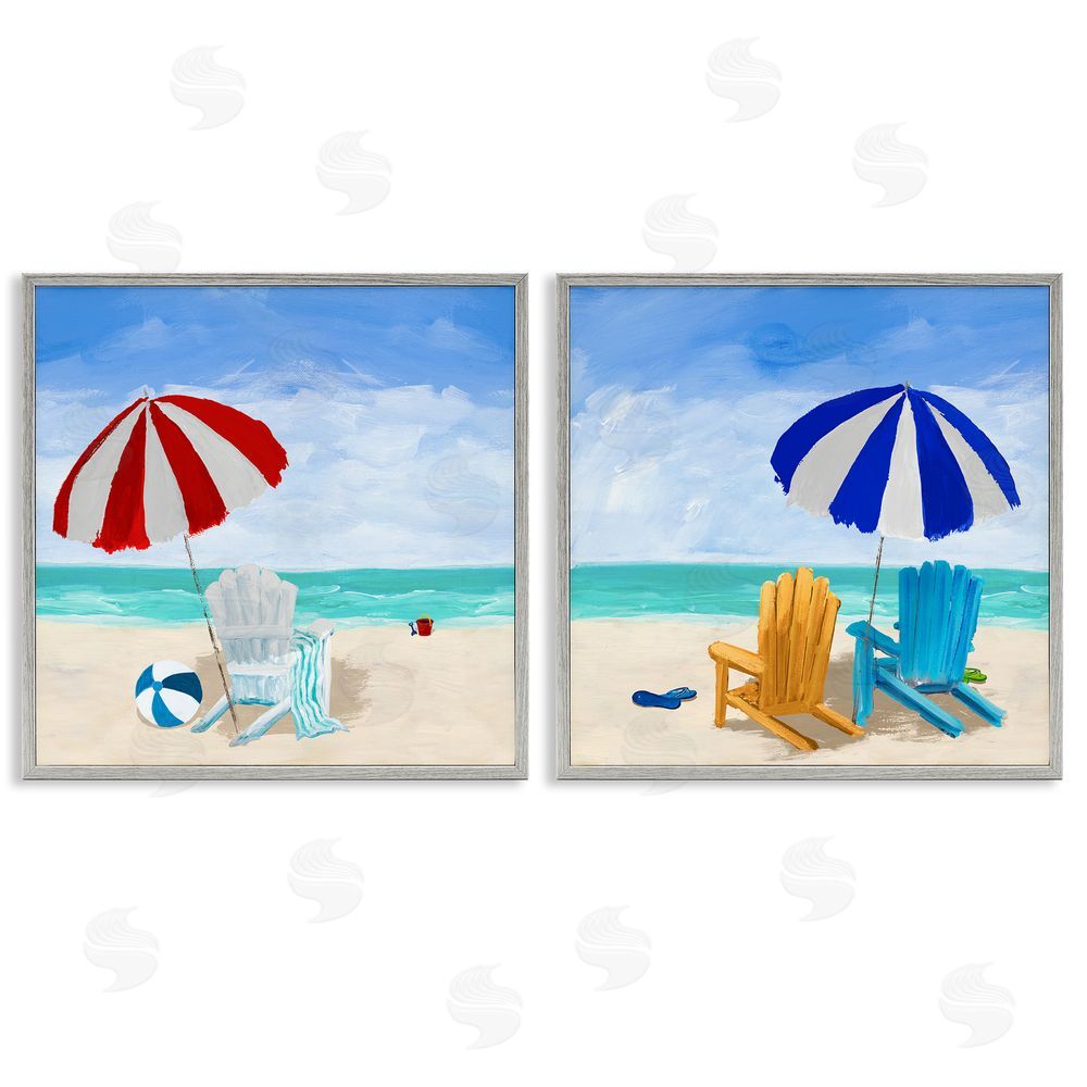 Julie DeRice Beach Chairs at Shore Summer Scene Gray Framed Giclee Wall Art Print