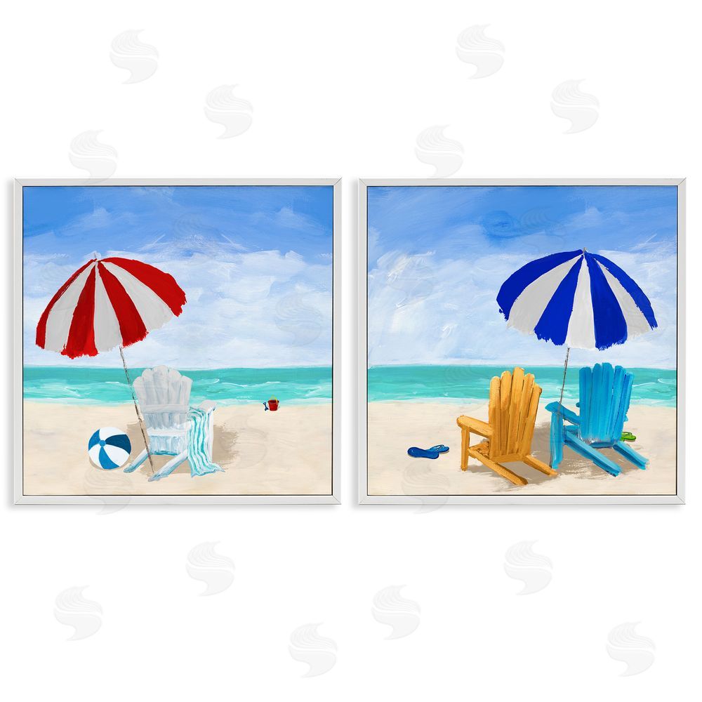 Julie DeRice Beach Chairs at Shore Summer Scene White Framed Giclee Wall Art Print