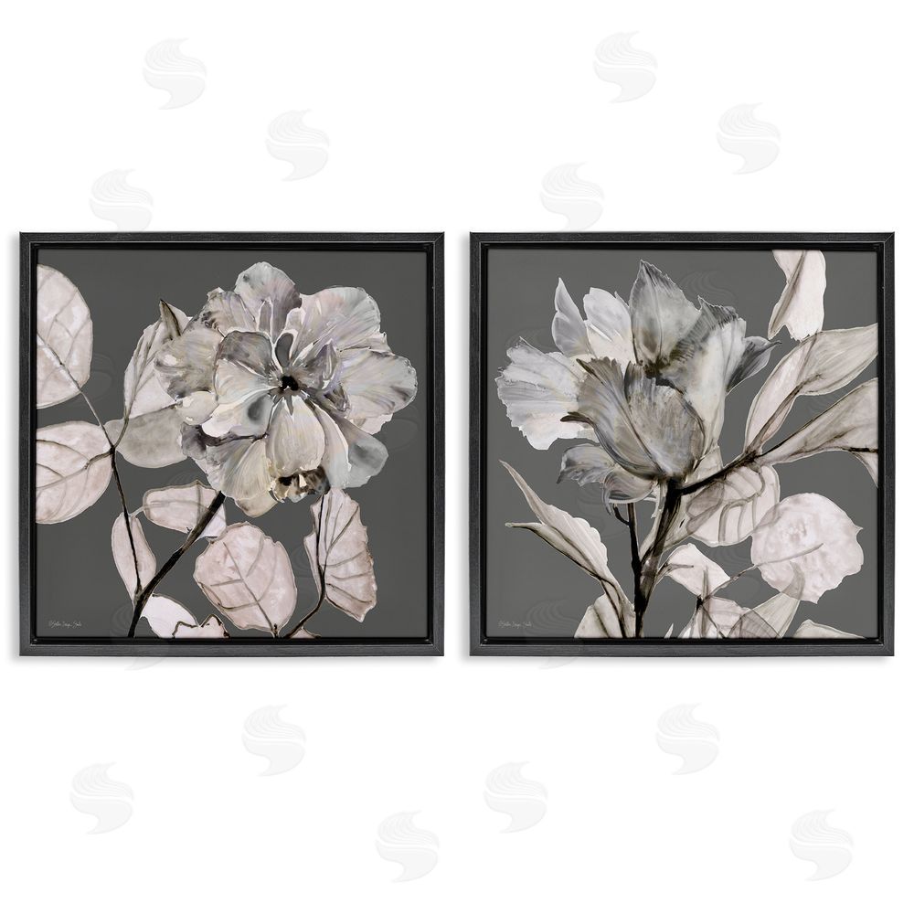 Stellar Design Studio Gray Floral Close Up with Neutral Flowers Black Floating Frame Canvas Wall Art Print