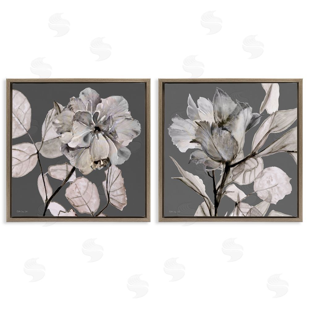 Stellar Design Studio Gray Floral Close Up with Neutral Flowers Brown Floating Frame Canvas Wall Art Print