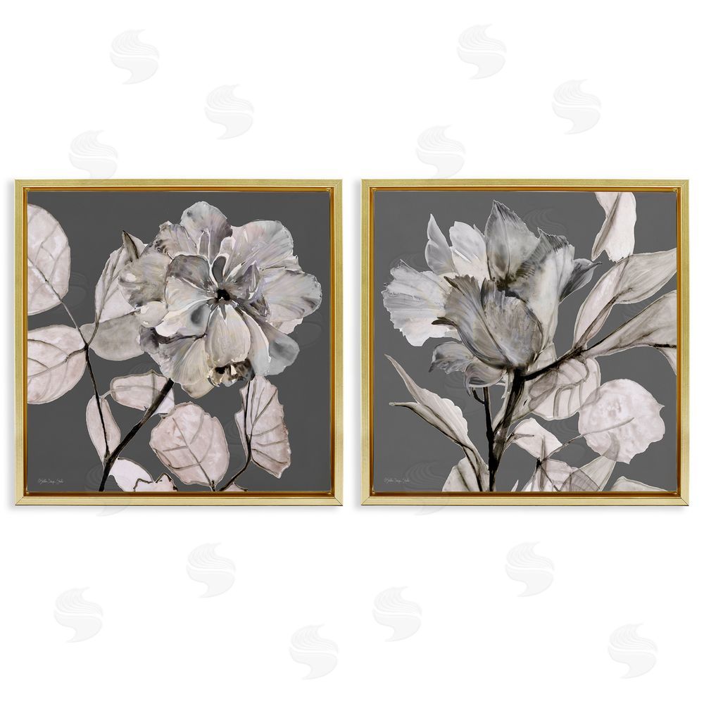 Stellar Design Studio Gray Floral Close Up with Neutral Flowers Gold Floating Frame Canvas Wall Art Print