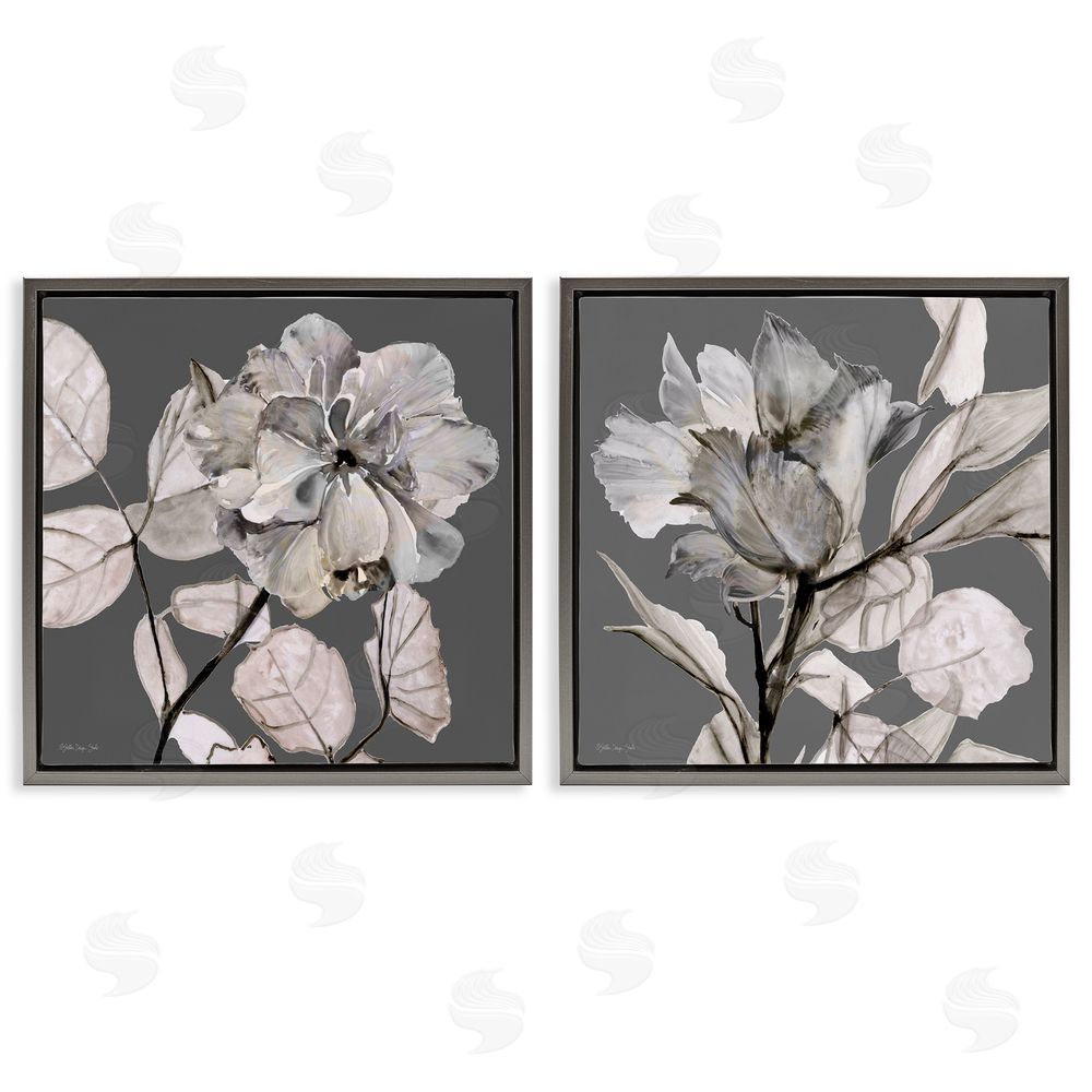 Stellar Design Studio Gray Floral Close Up with Neutral Flowers Gray Floating Frame Canvas Wall Art Print