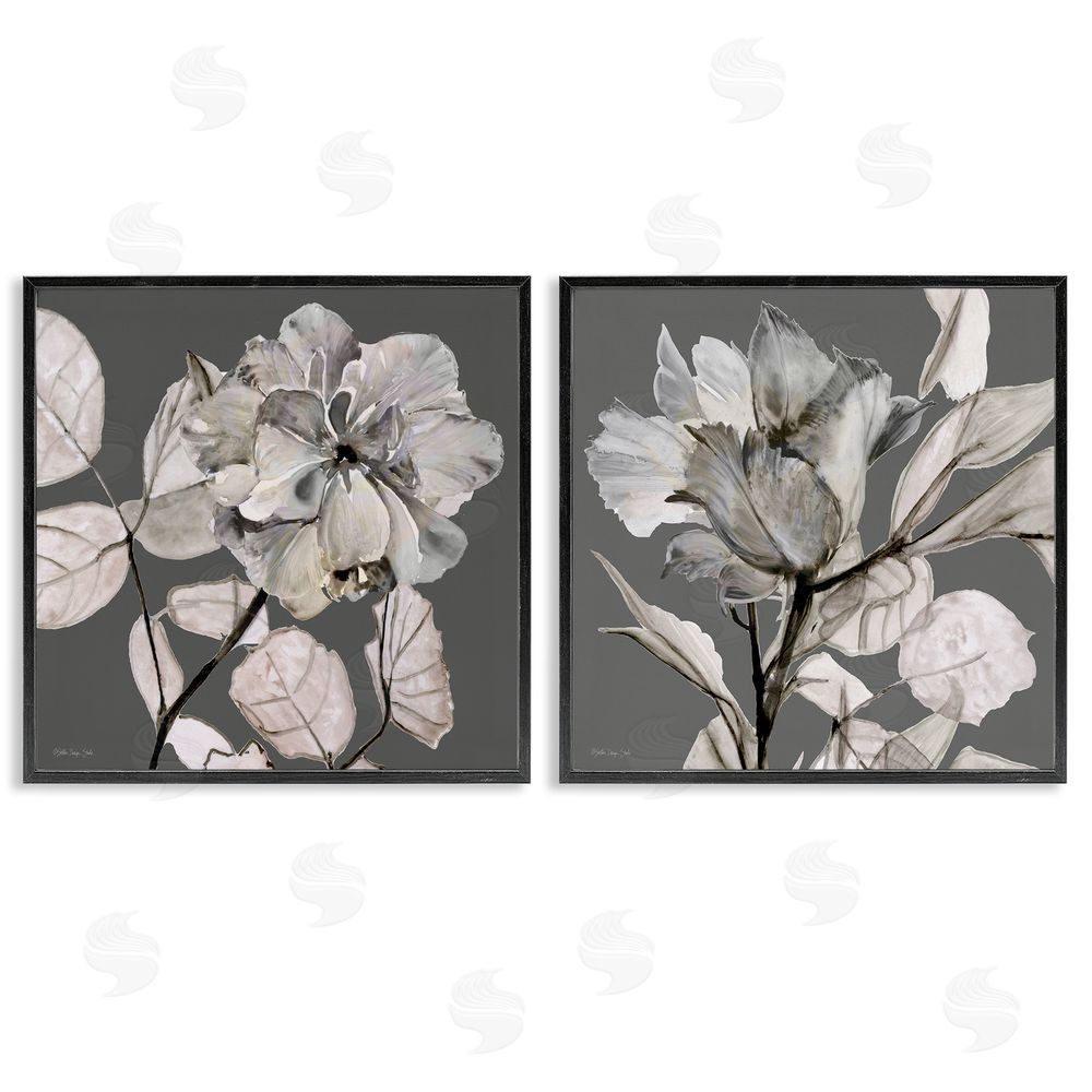 Stellar Design Studio Gray Floral Close Up with Neutral Flowers Black Framed Giclee Wall Art Print