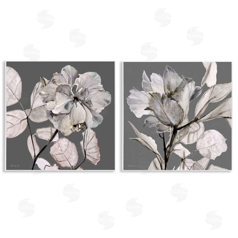 Stellar Design Studio Gray Floral Close Up with Neutral Flowers Wooden Wall Plaque Art Print