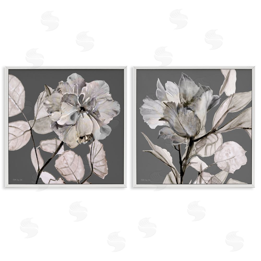 Stellar Design Studio Gray Floral Close Up with Neutral Flowers White Framed Giclee Wall Art Print