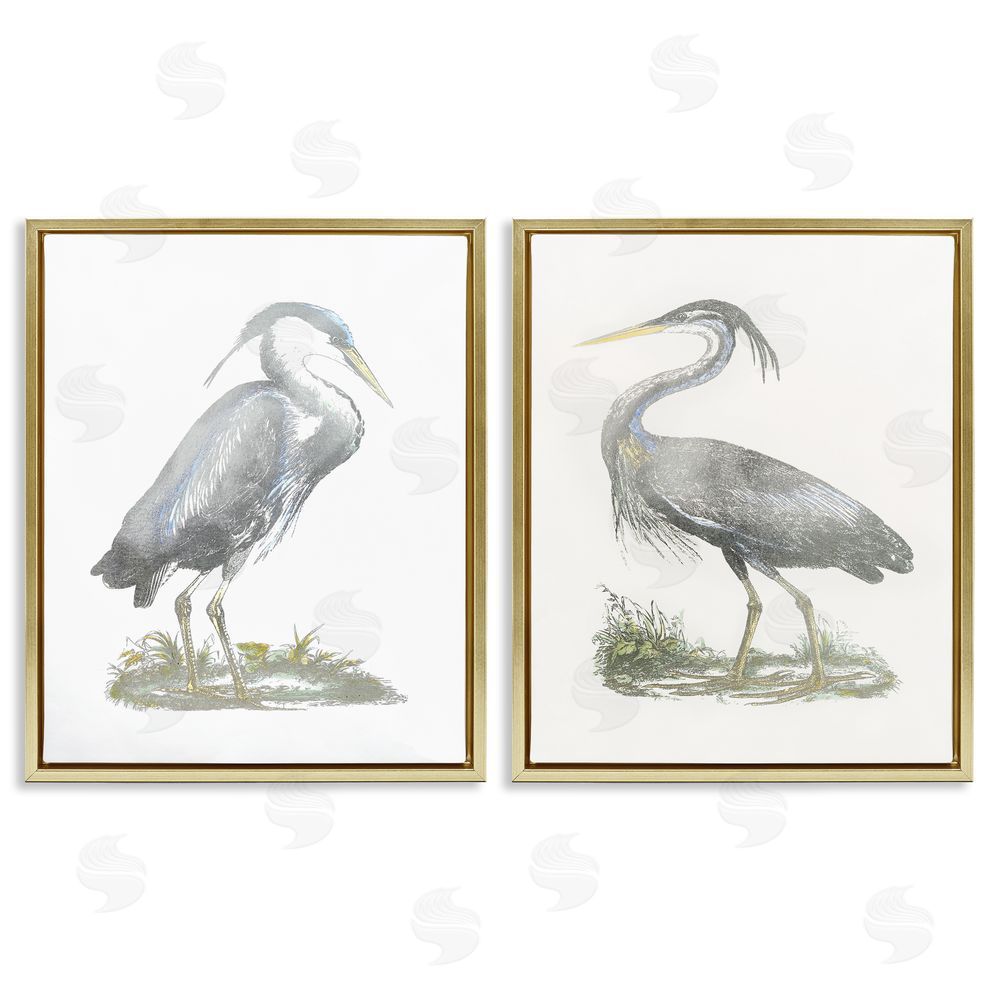 John Selby Minimalist Vintage Cranes Marshland Birds Gold Floating Frame Canvas Wall Art Print