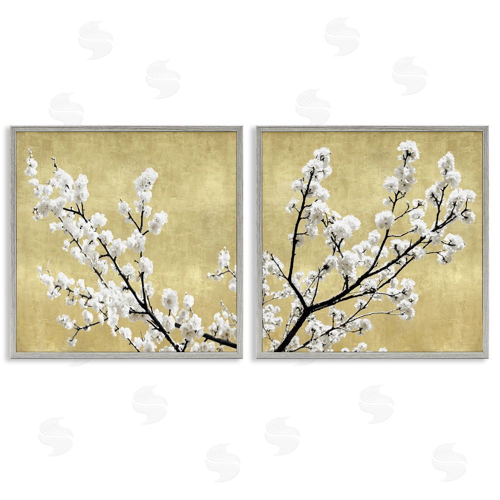 Kate Bennett White Cherry Blossom Branches over Neutral Gray Framed Giclee Wall Art Print