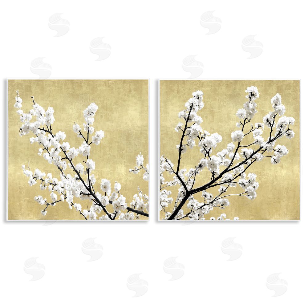 Kate Bennett White Cherry Blossom Branches over Neutral Wooden Wall Plaque Art Print