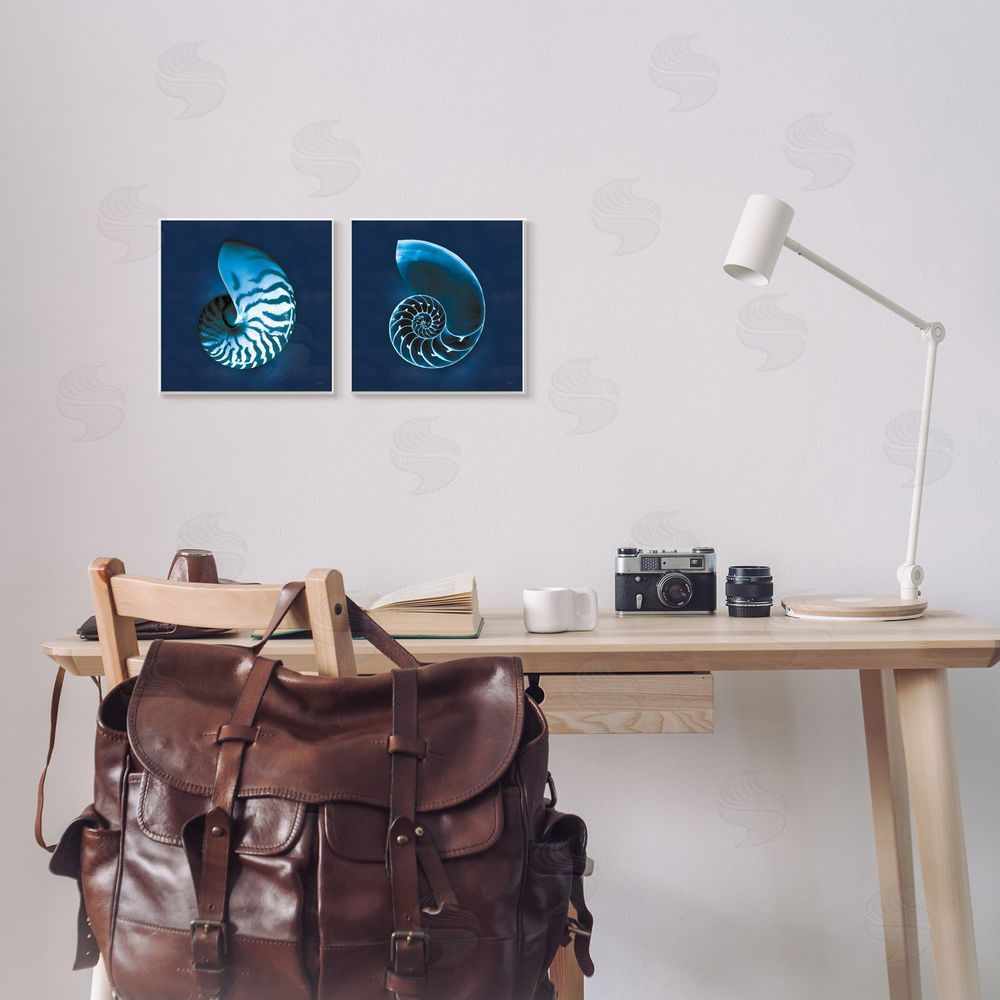 Sue Schlabach Blue Spiral Nautilus Shell with Pattern Canvas Wall Art Print in Room