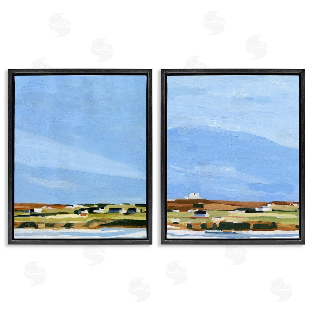 Emma Scarvey Abstract Seaside Town Landscape Black Floating Frame Canvas Wall Art Print