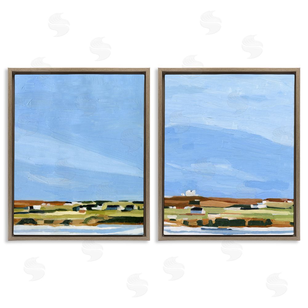 Emma Scarvey Abstract Seaside Town Landscape Brown Floating Frame Canvas Wall Art Print