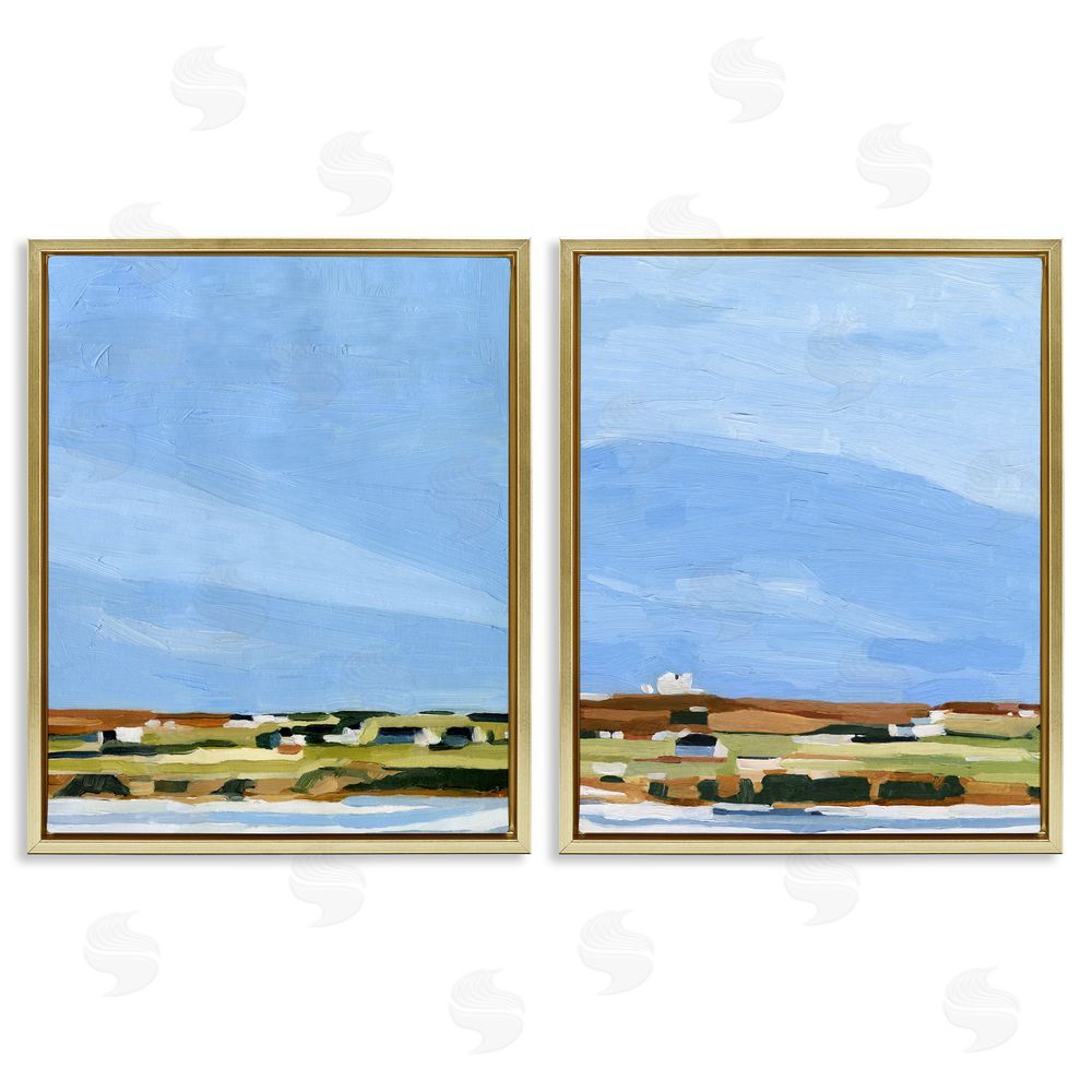 Emma Scarvey Abstract Seaside Town Landscape Gold Floating Frame Canvas Wall Art Print