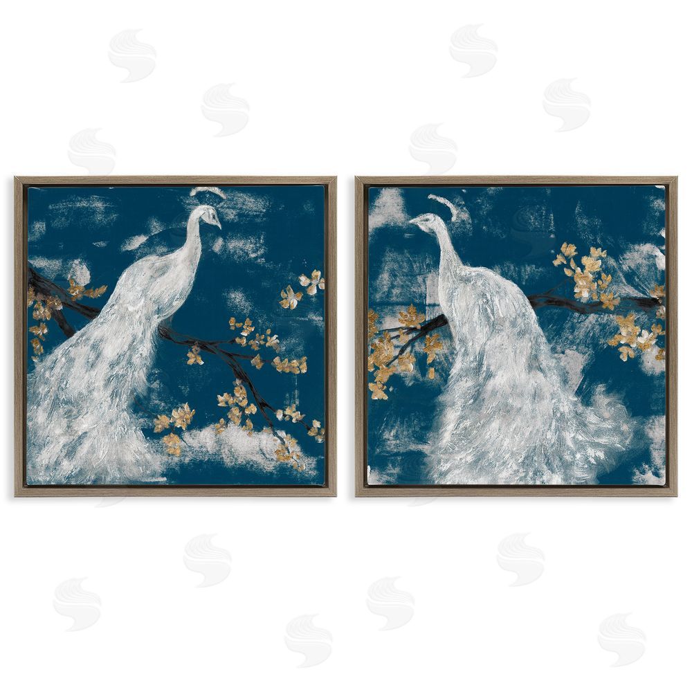 Jennifer Goldberger Mystical Peacock Floral Tree Blossoms Brown Floating Frame Canvas Wall Art Print